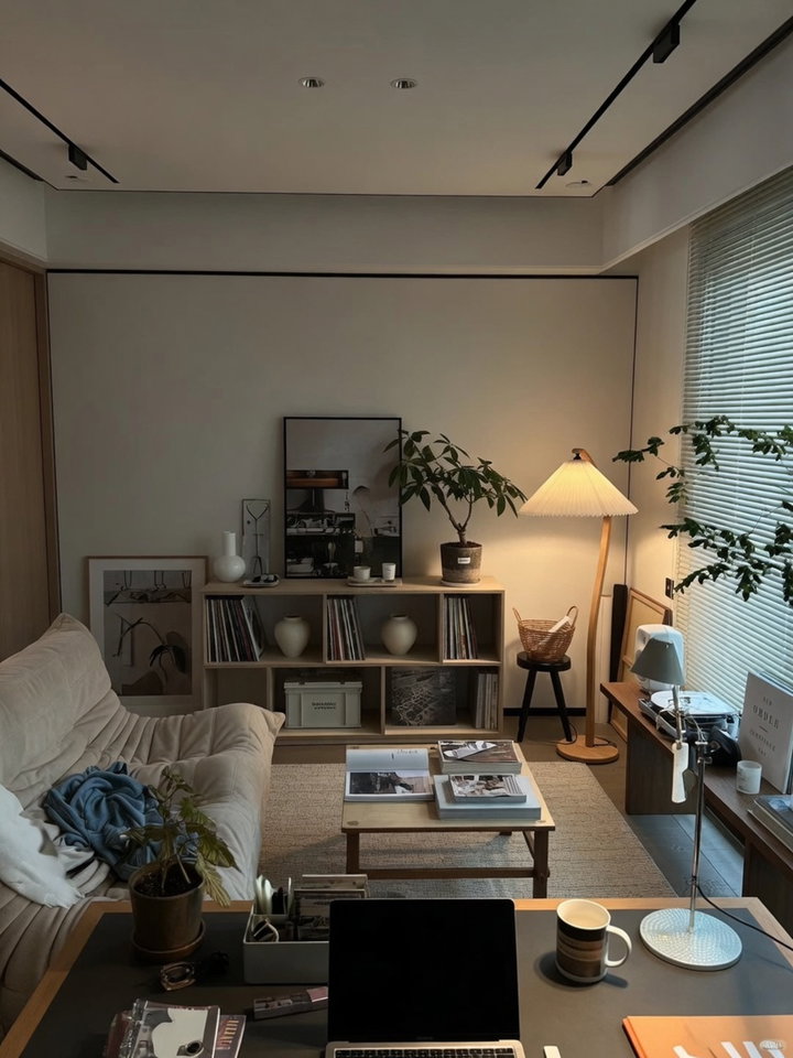 Japandi Home Office with Plants and Desk