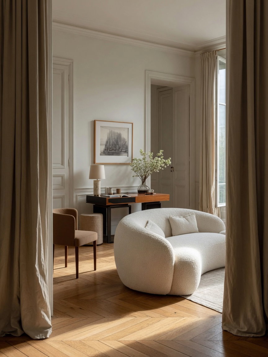 Cozy Parisian Living Room with Cream Sofa