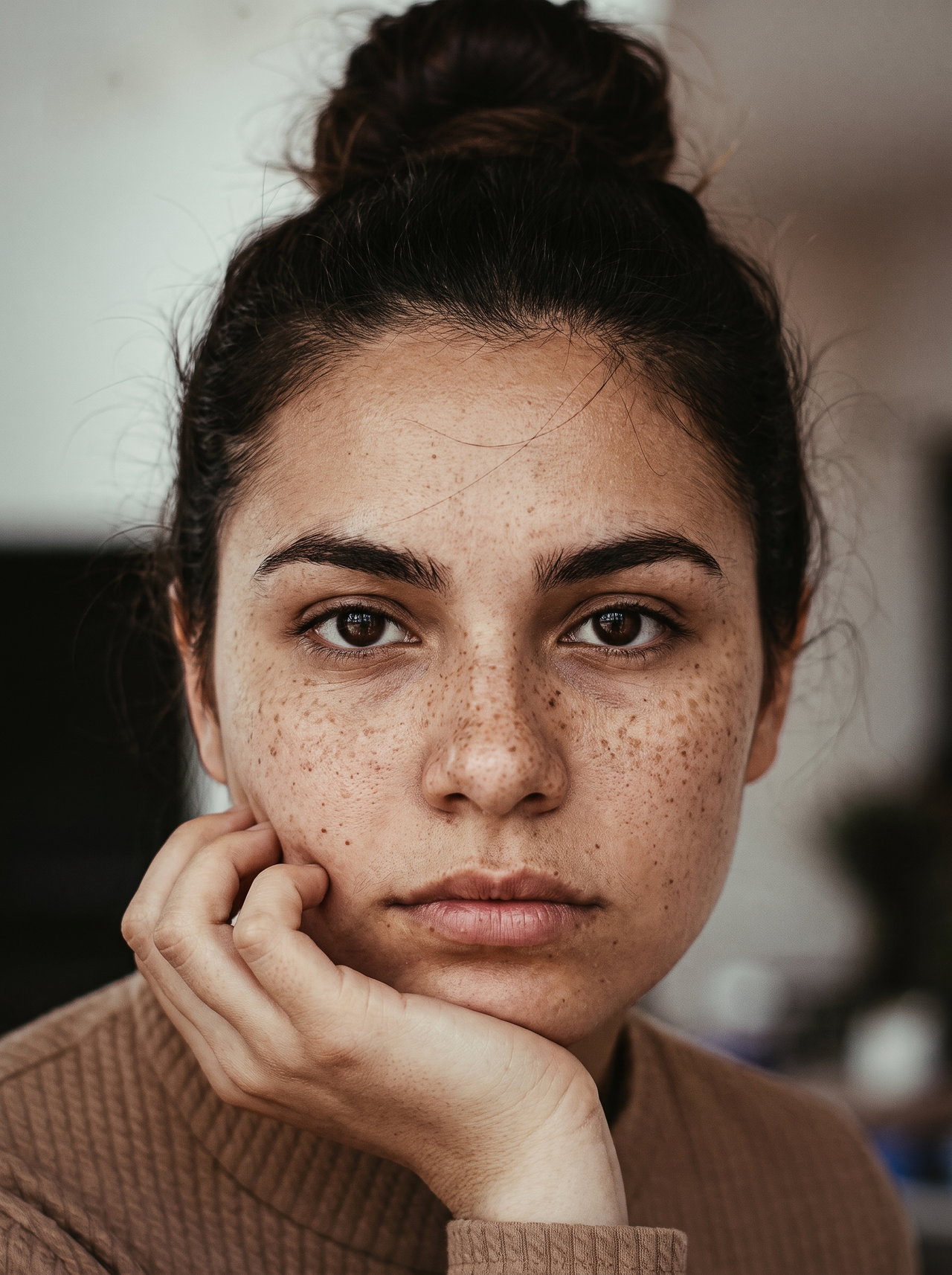 Freckled Woman in Knit Sweater