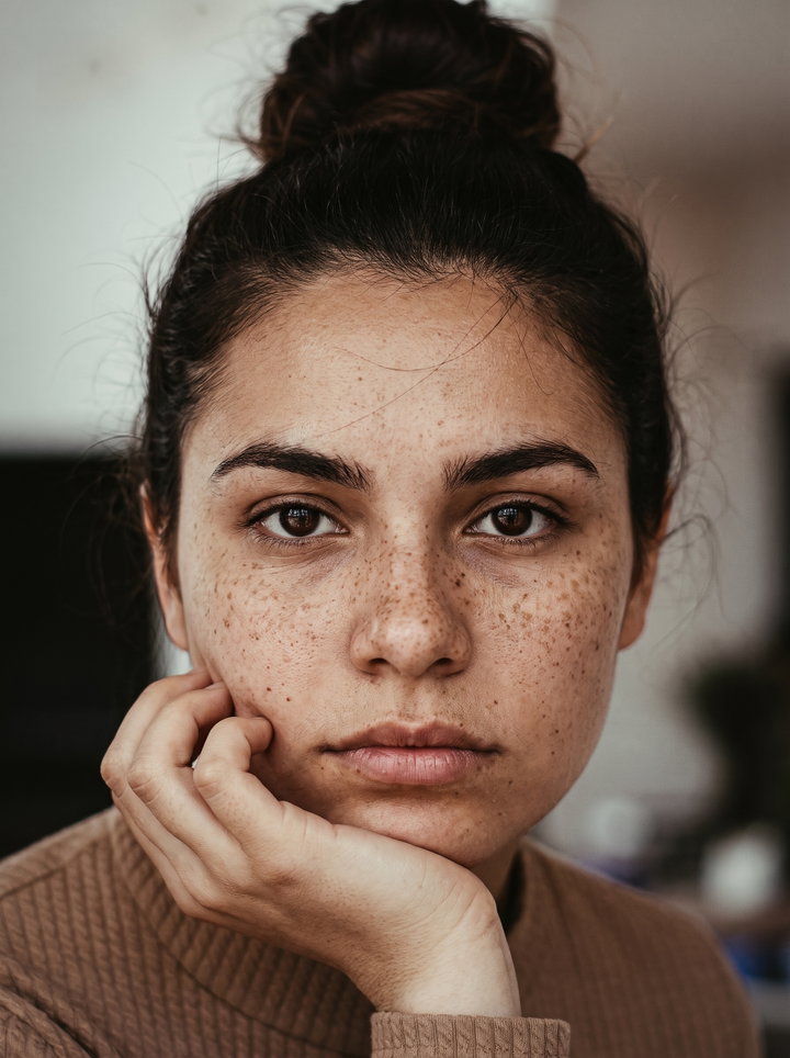 Freckled Woman in Knit Sweater