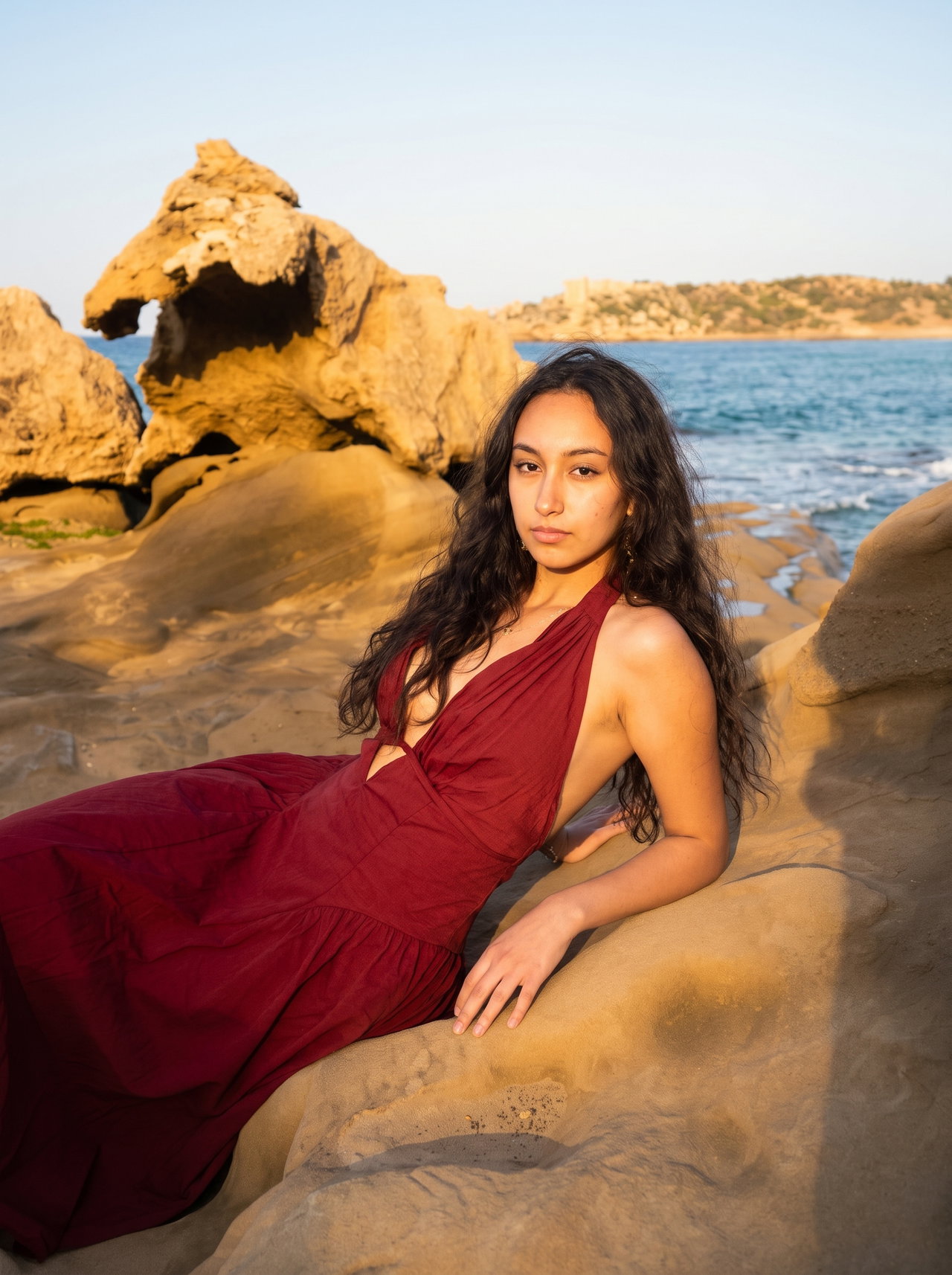 Reclining Woman in Red Dress on Sandstone Coast