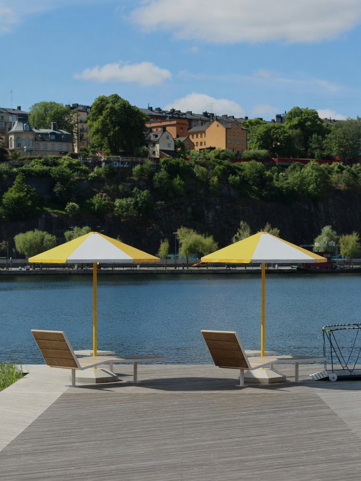 Lakeside Deck with Yellow Umbrellas