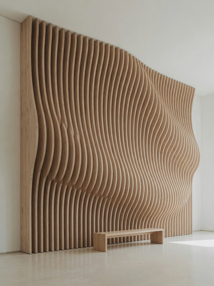 Curved Wooden Slat Wall in Bright Room