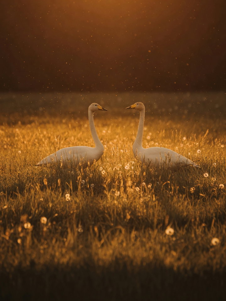 Two Swans in Golden Hour Field
