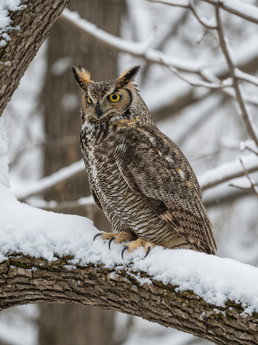 Great Horned Owl Perched on Snowy Branch