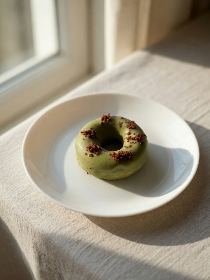 Matcha Glazed Donut on White Plate