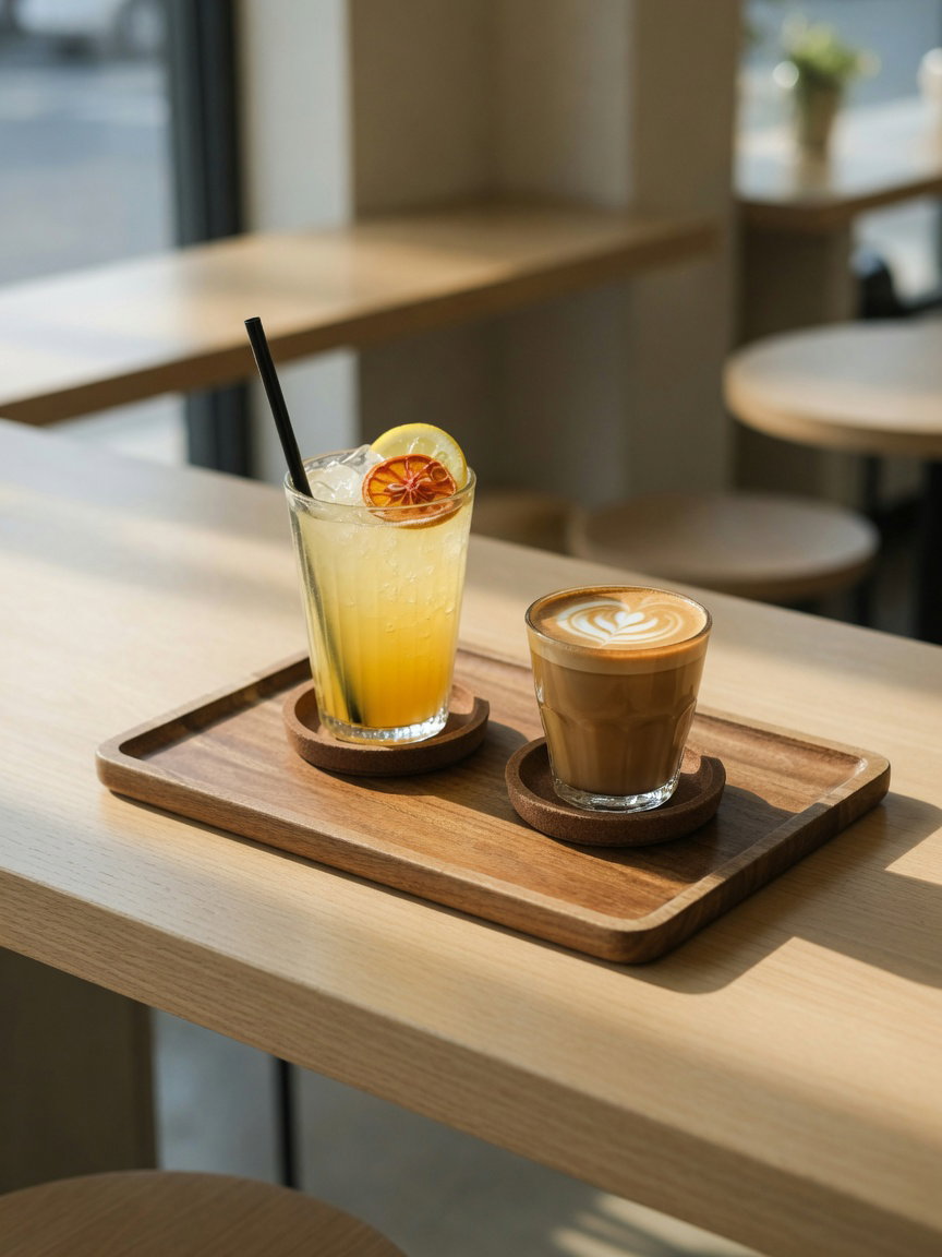 Iced Espresso and Latte Art on Walnut Tray
