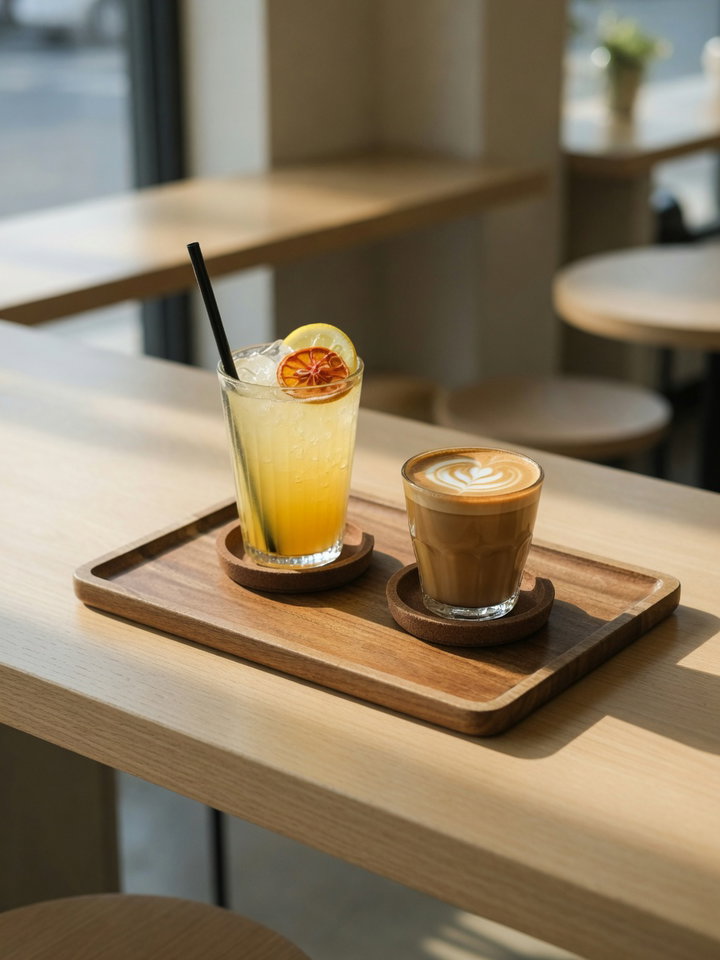 Iced Espresso and Latte Art on Walnut Tray