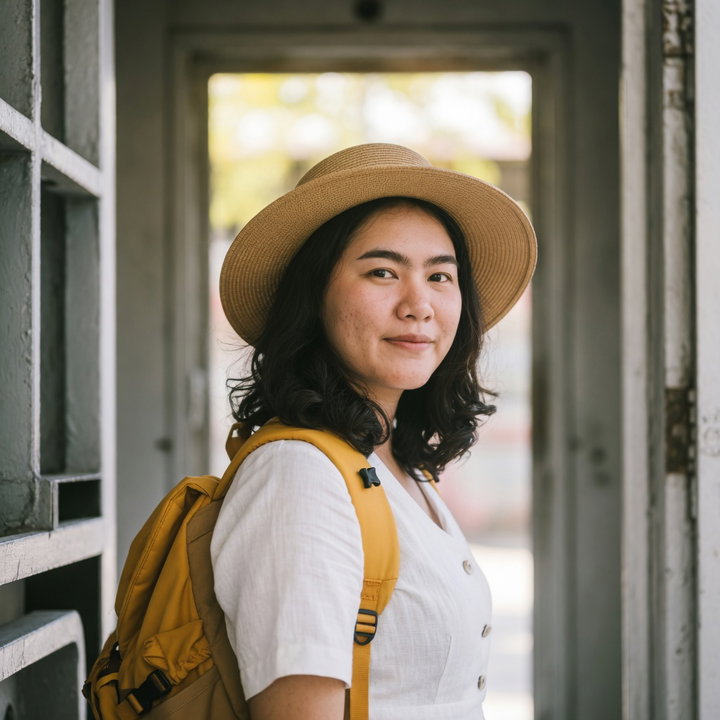Smiling Woman in Sunlit Doorway