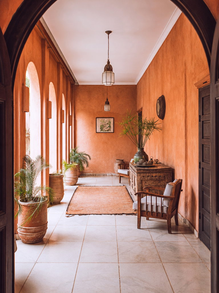 Corridor of Moroccan Riad with Terracotta Walls