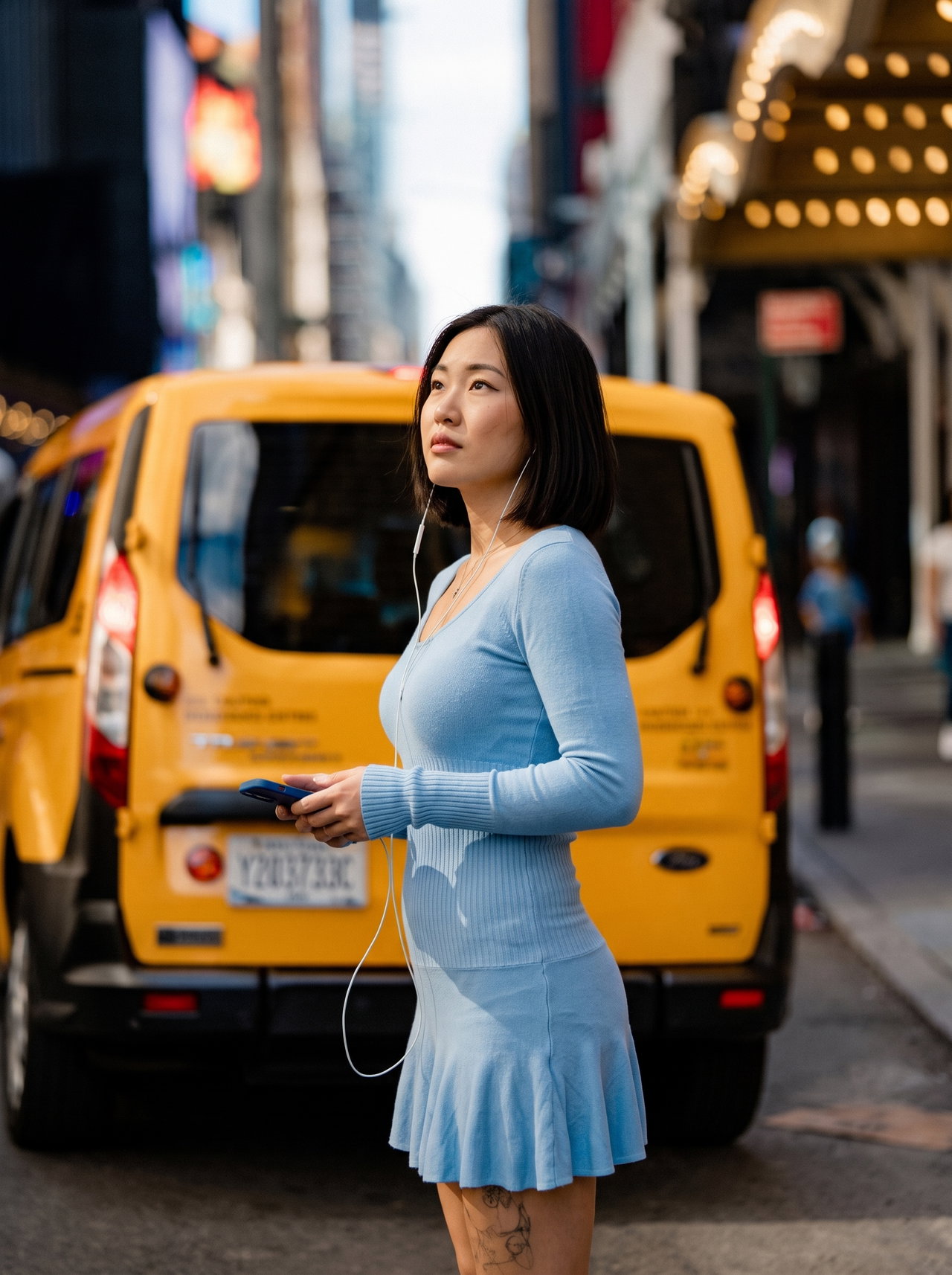 Adult East Asian Woman in Blue Knit Mini Dress in New York