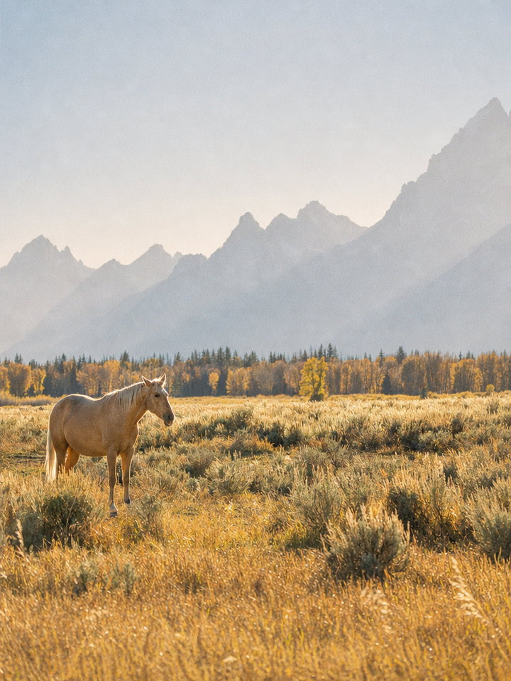 Wild Horse Grazing in Meadow Below Teton Range