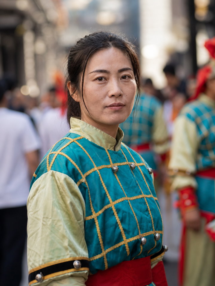 Festival Portrait in Teal and Gold Tunic