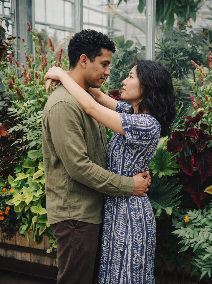 Couple Embracing in Botanical Greenhouse