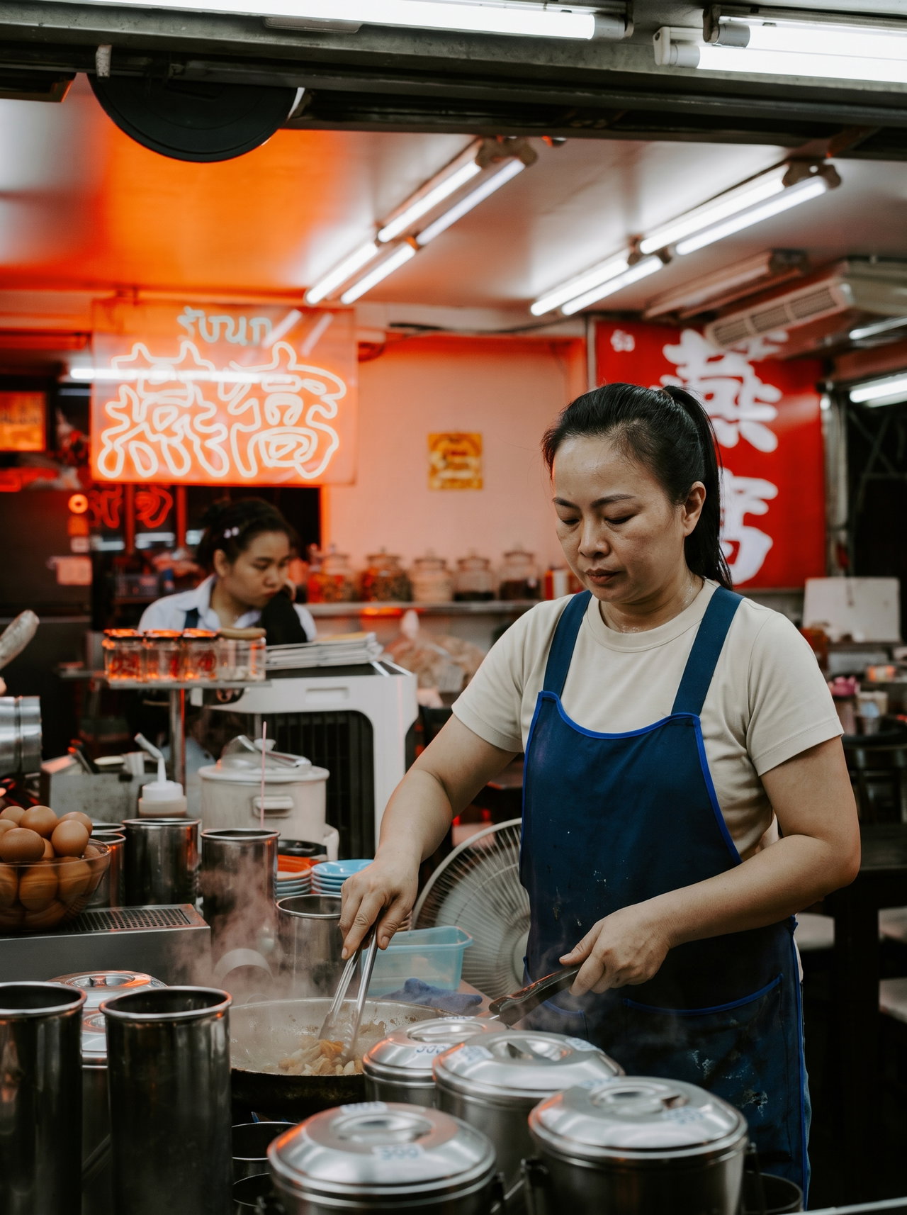 Woman Cooking at Street Food Stall
