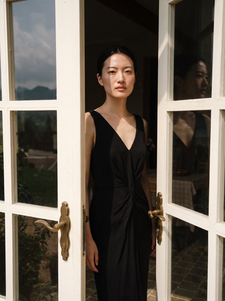 Woman in Black Dress at Open Doorway