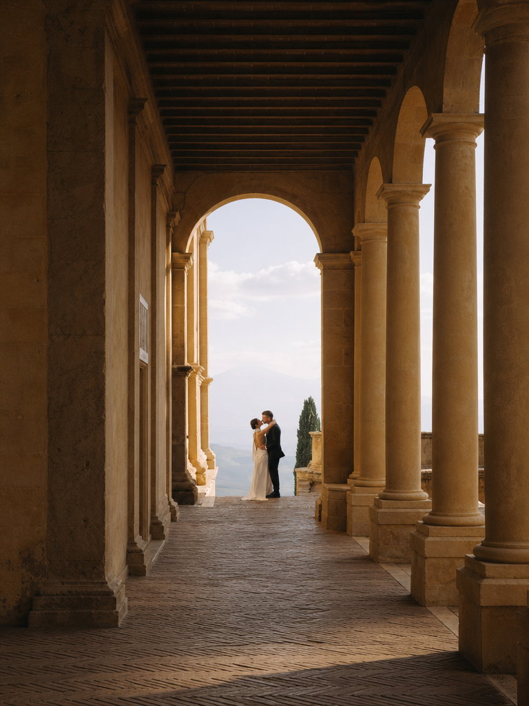 Couple Embraced in Tuscan Villa Loggia