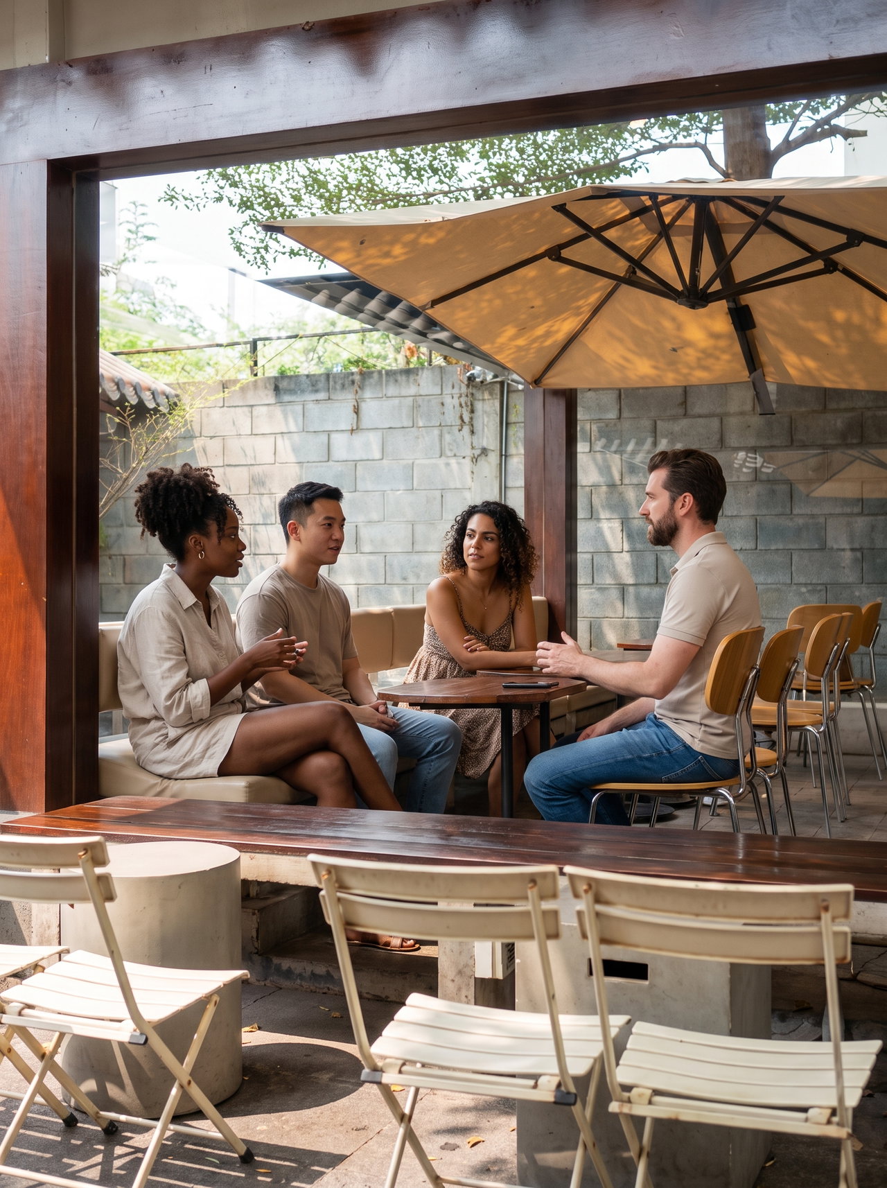 Group Discussion at Outdoor Cafe Terrace