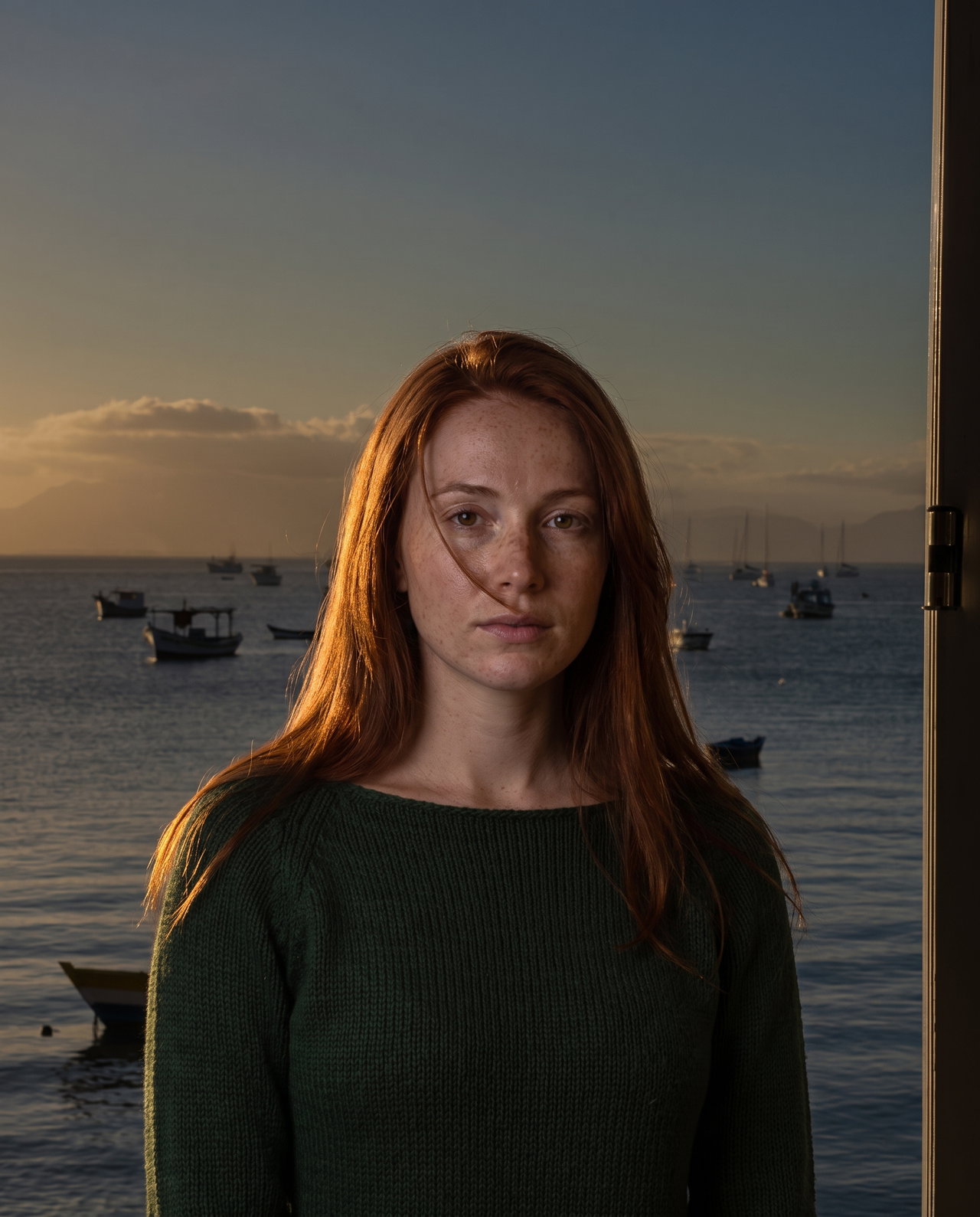 Woman in Dark Green Sweater at Harbour Dusk