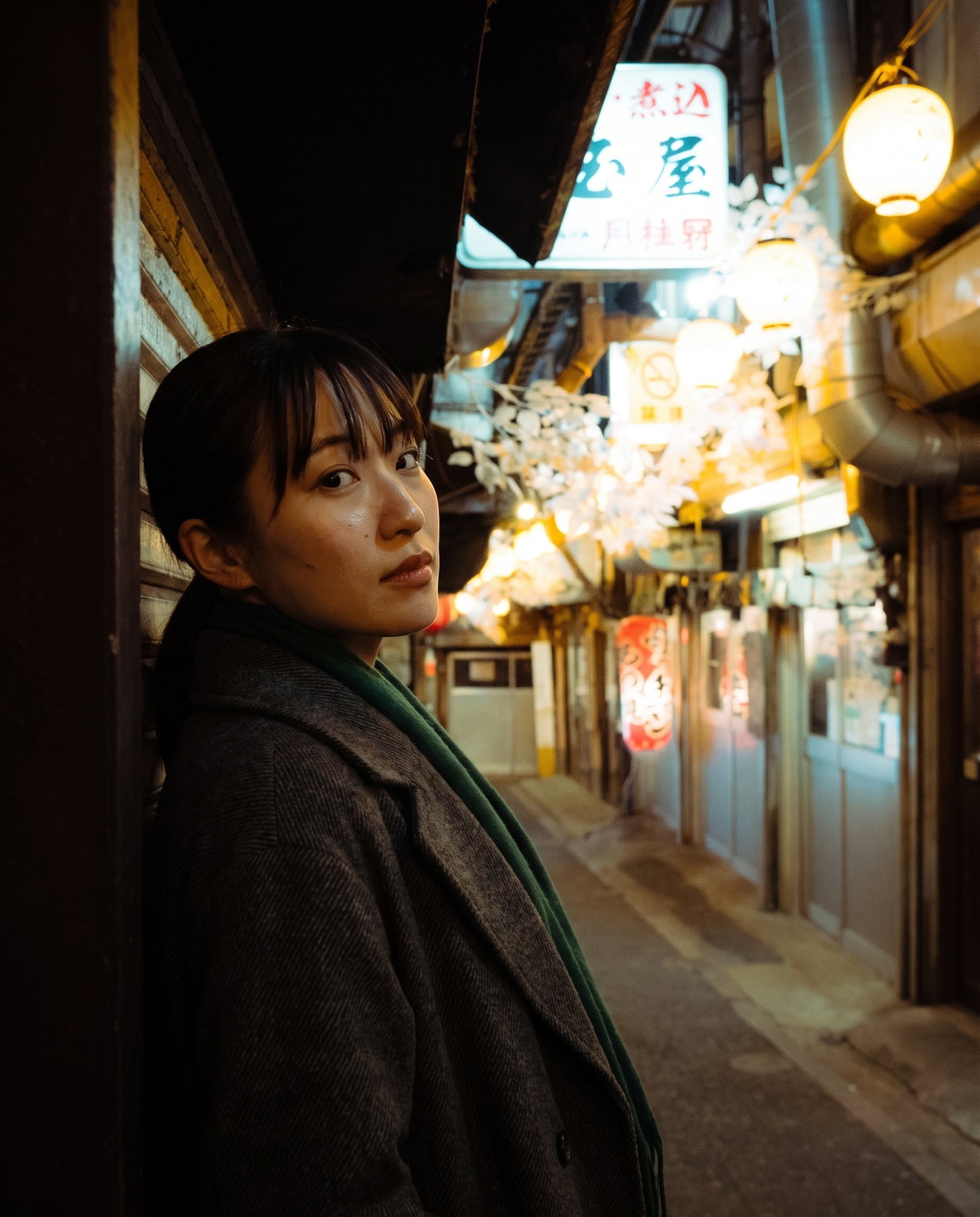 Night Portrait of Woman in Tokyo Lantern Alley