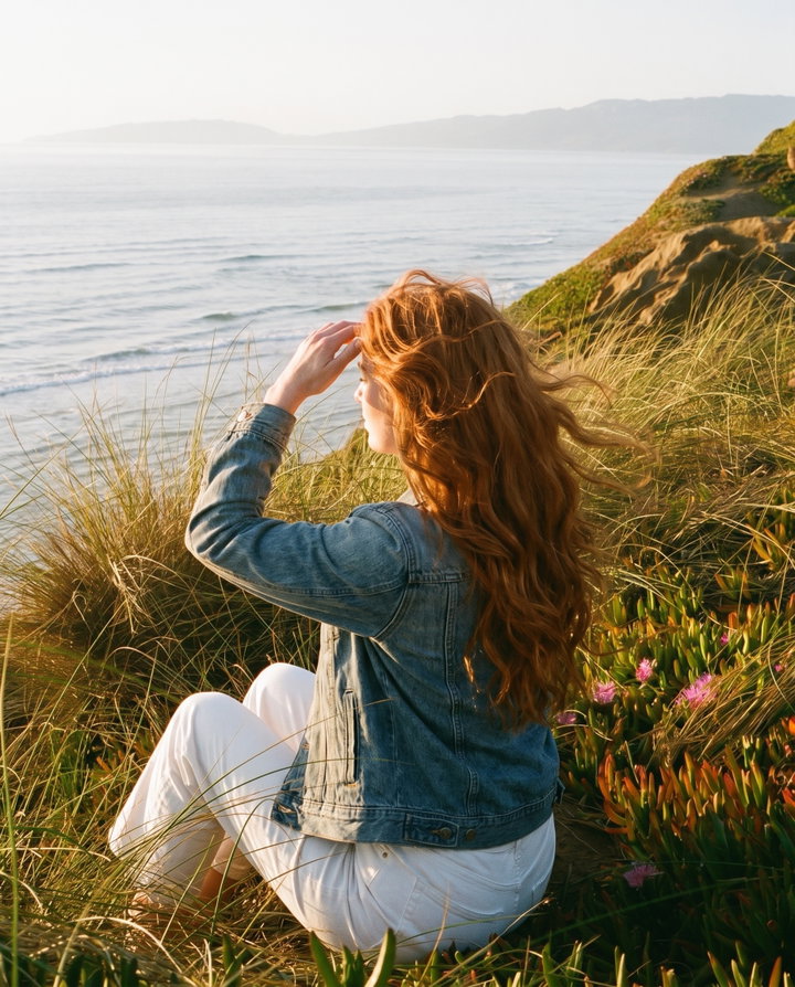Woman Overlooking the Sea in Dune Grass