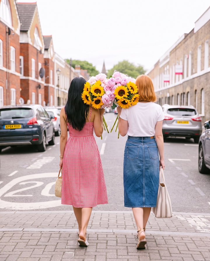 Friends Walking Home with Flower Bouquets