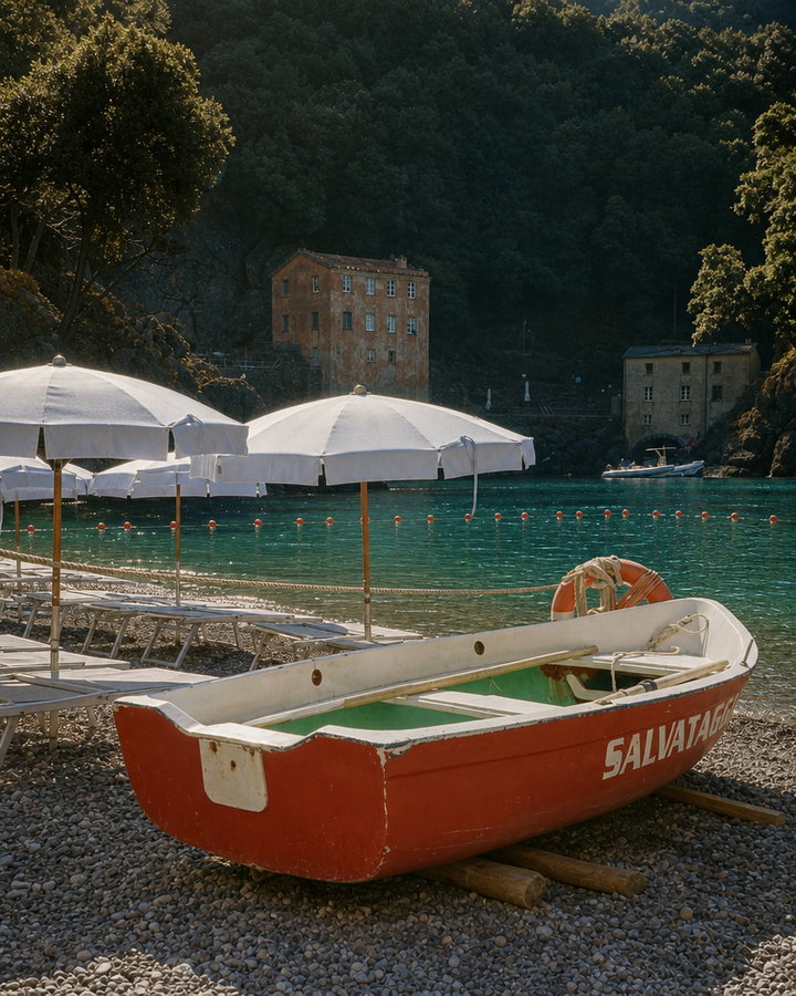 Red Rowing Boat on Pebble Beach