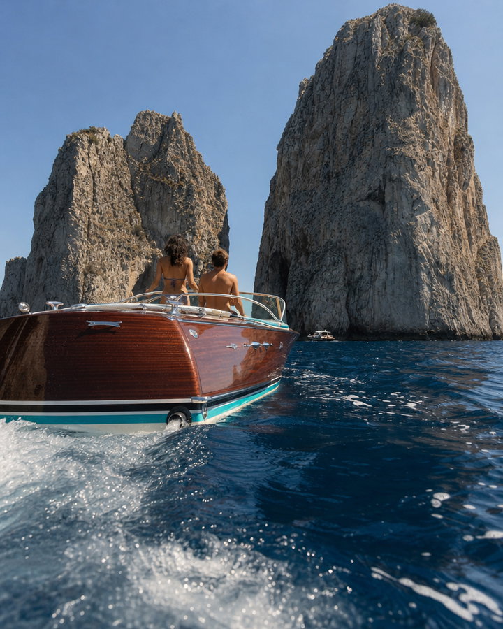 Classic Wooden Speedboat Near Capri's Faraglioni Rocks