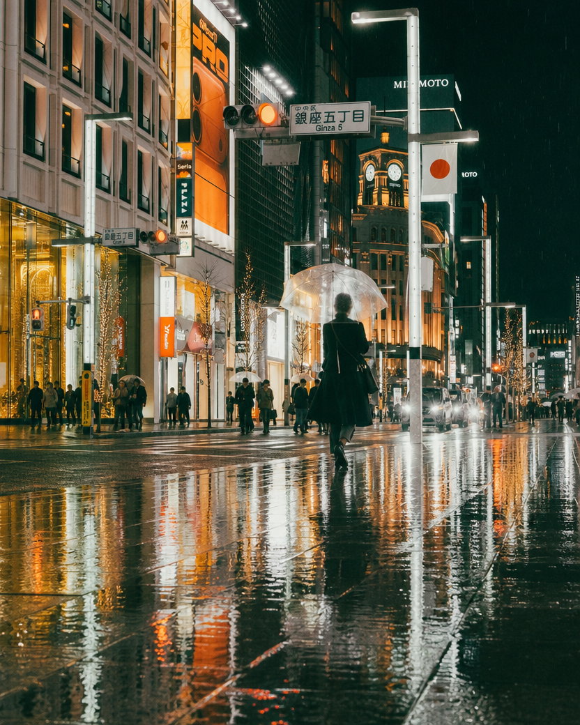 Pedestrian with Clear Umbrella on Rainy Tokyo Street