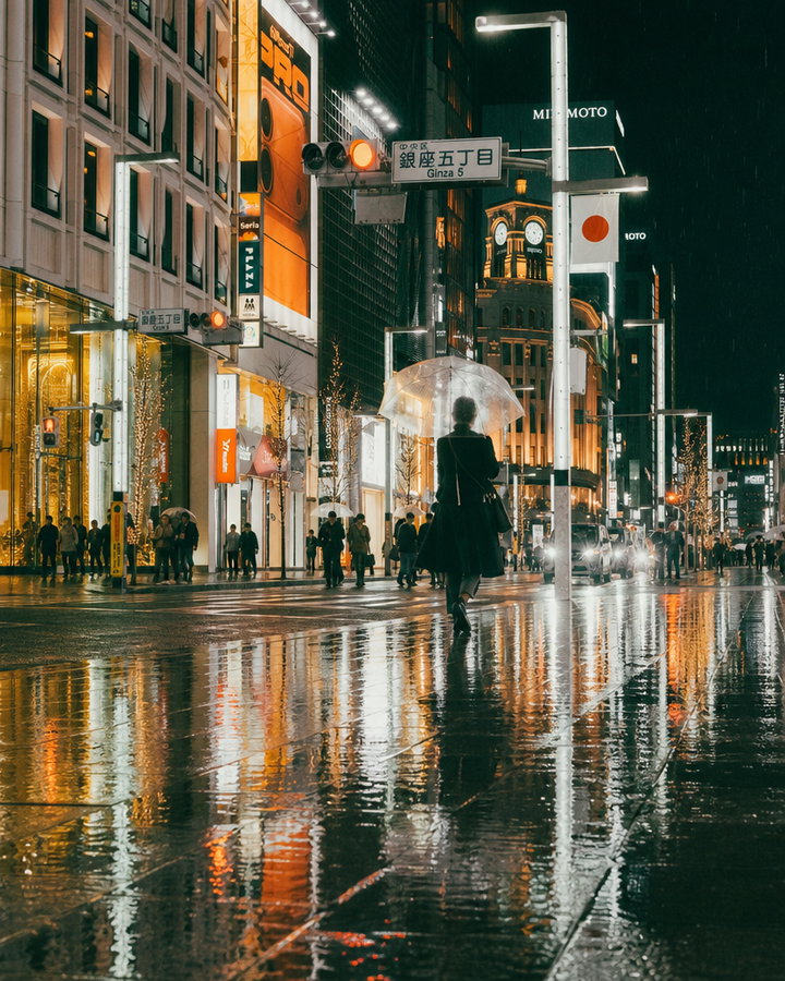 Pedestrian with Clear Umbrella on Rainy Tokyo Street