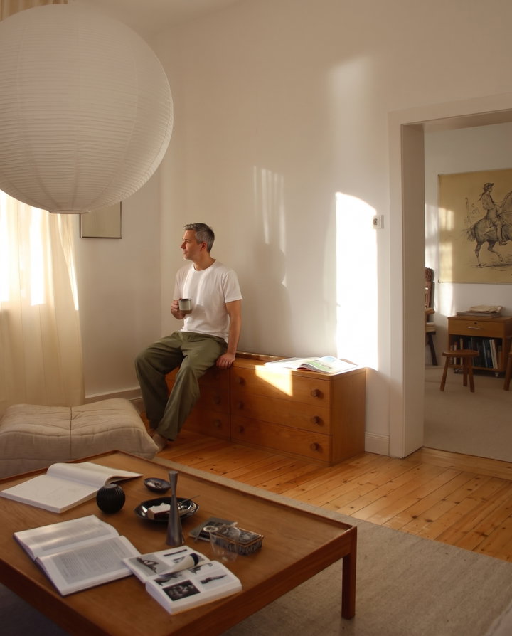 Sunlit Living Room with Man in White Tee
