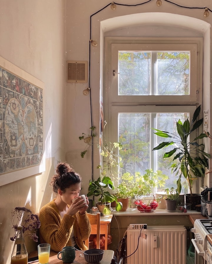 Woman Enjoying Morning Tea by Kitchen Window