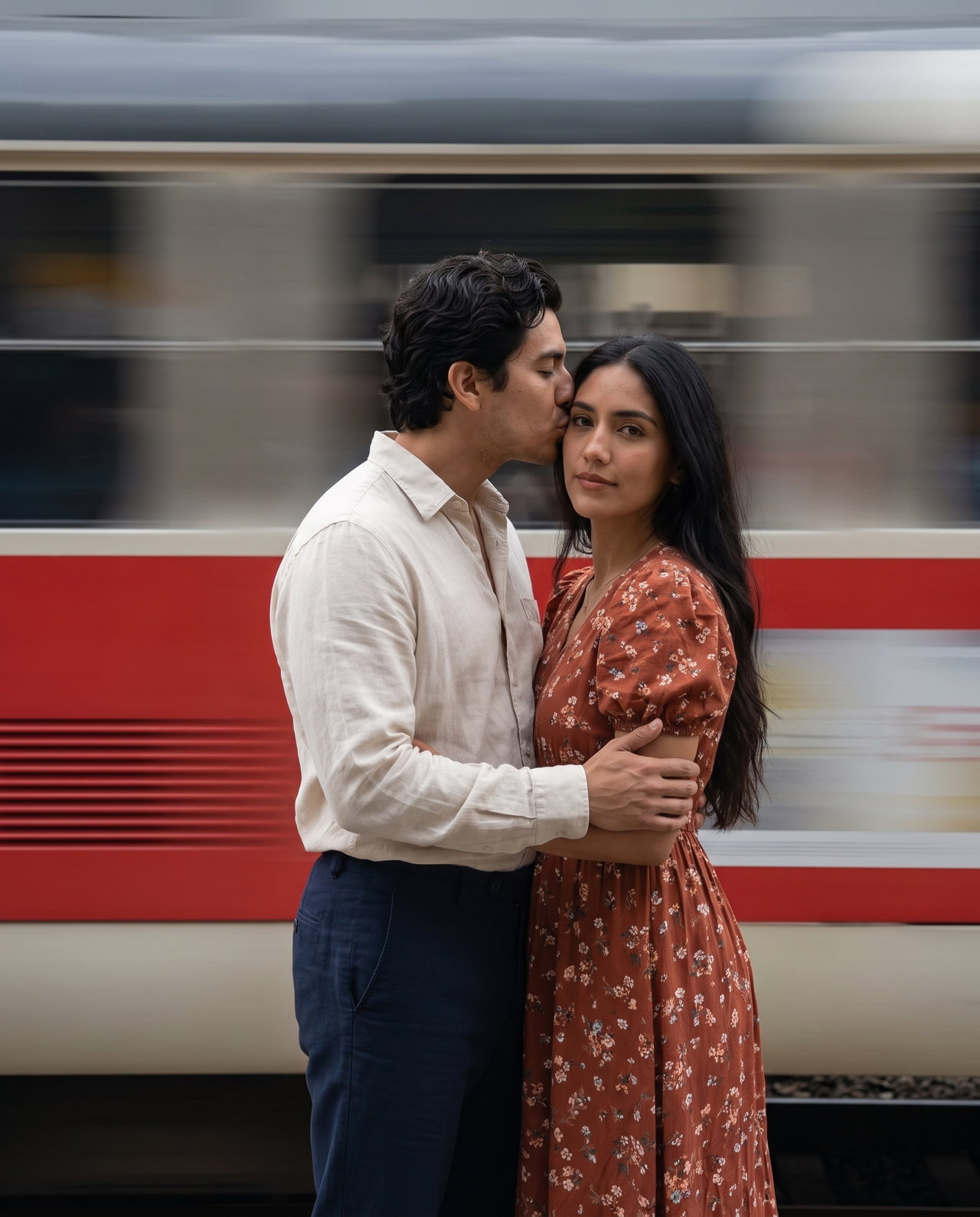 Couple Embracing in Front of Passing Train