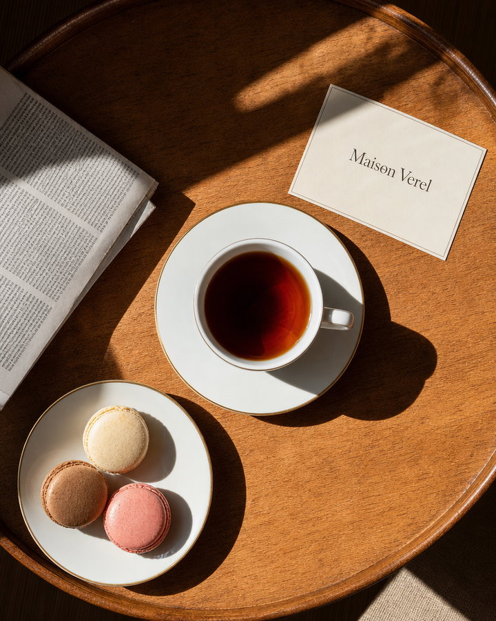Afternoon Tea with Macarons on Wooden Tray