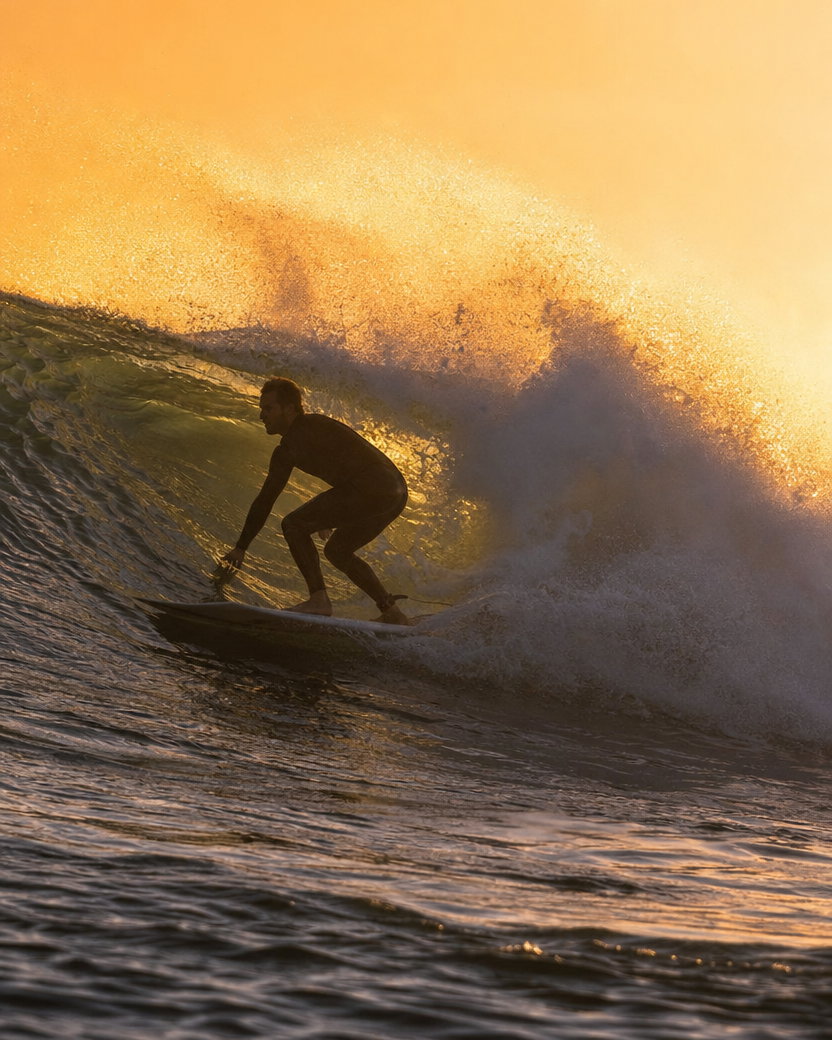 Surfer Riding a Wave at Golden Hour