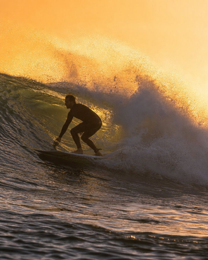 Surfer Riding a Wave at Golden Hour