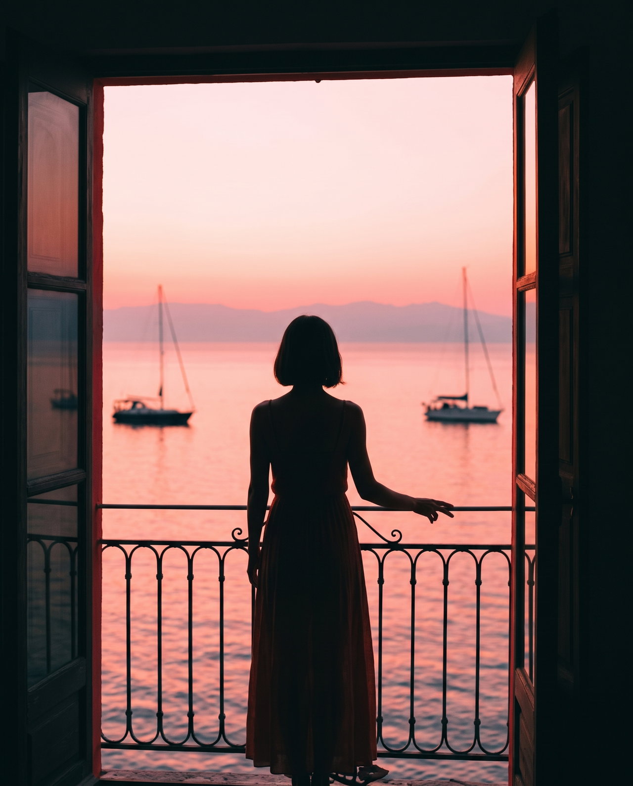 Silhouette of Woman on Balcony at Sunset