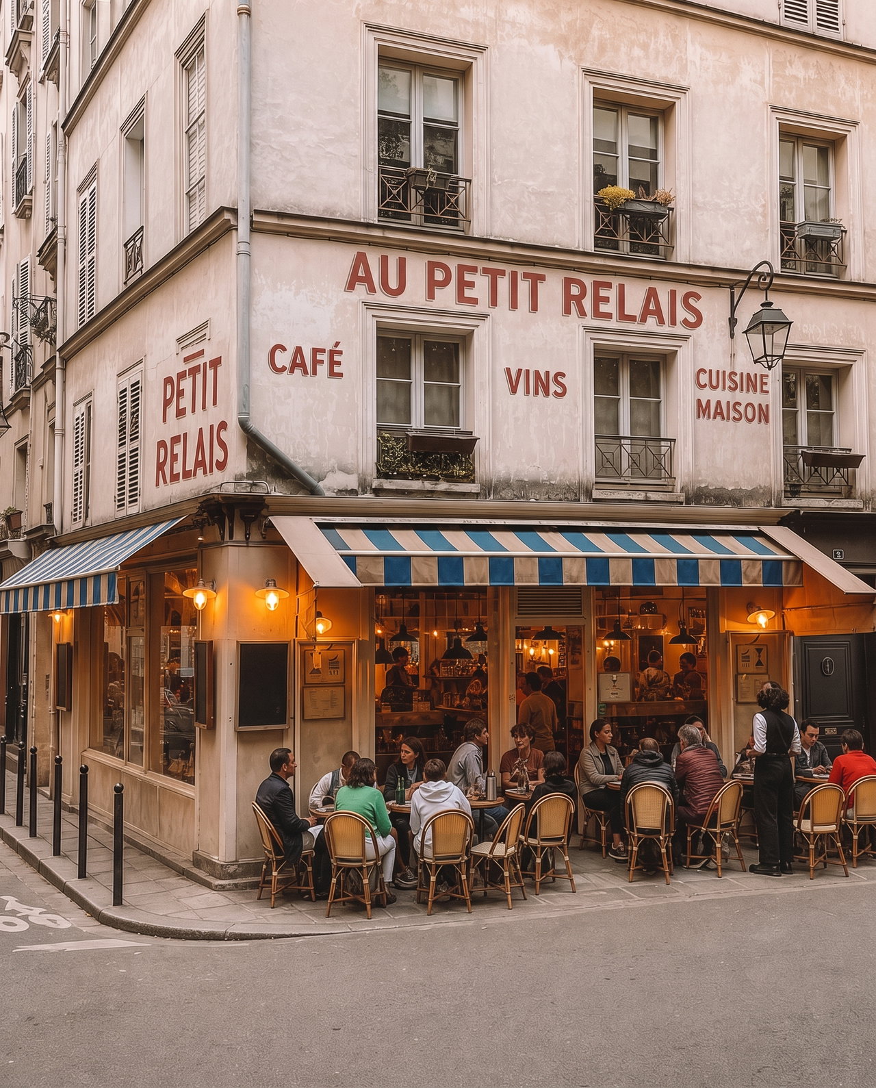Corner Restaurant in Paris with Striped Awning