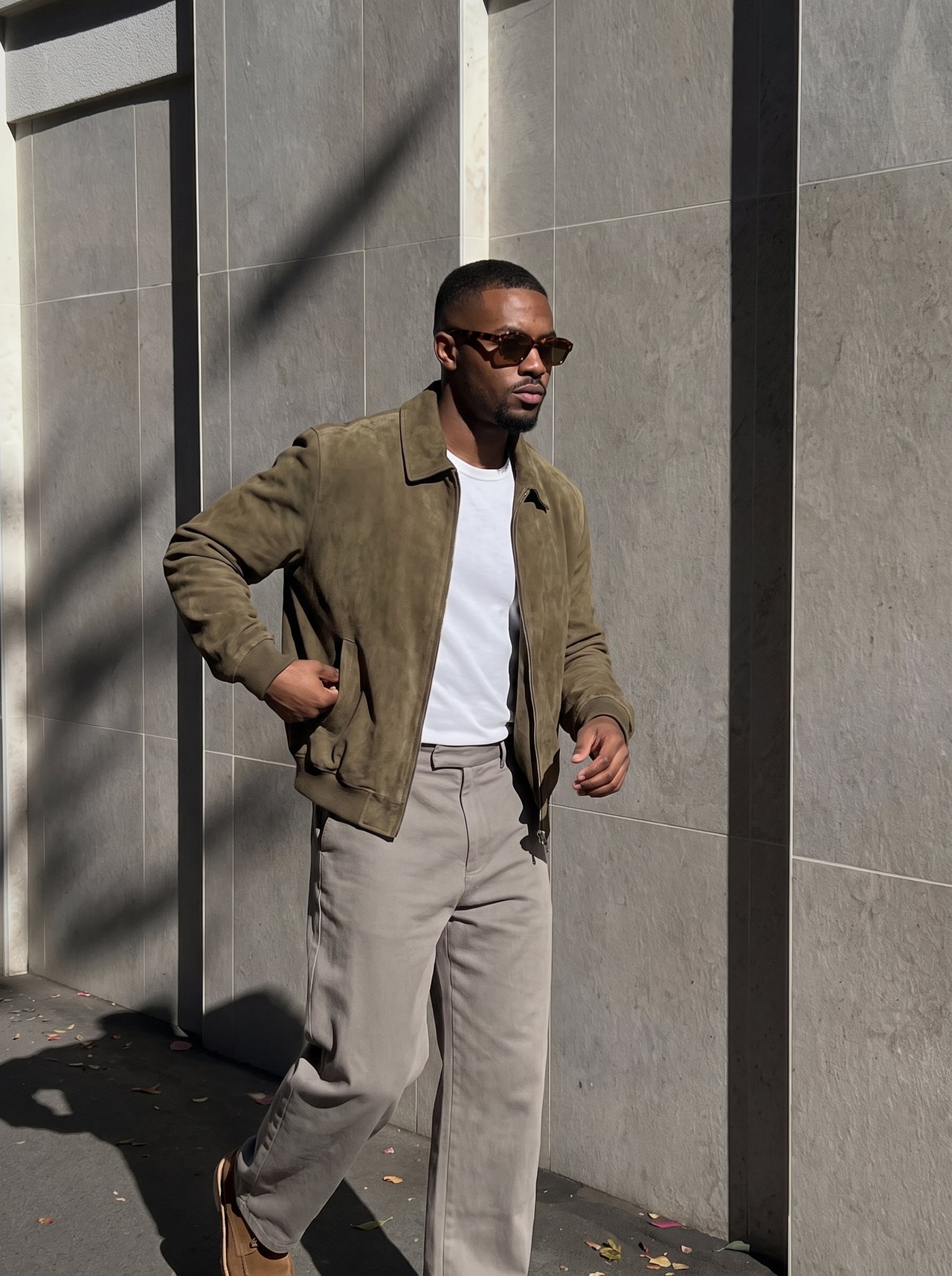 Man in Olive Suede Bomber Jacket on Urban Street
