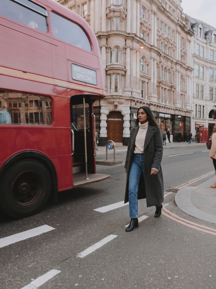 Woman Crossing London Street Beside Red Bus