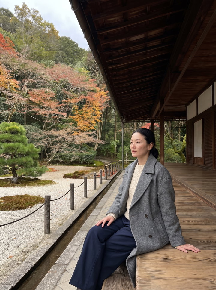 Woman Sitting on Temple Veranda in Autumn