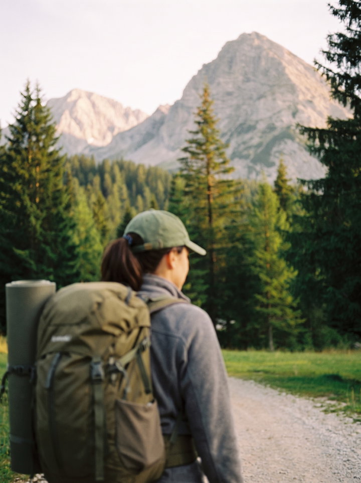 Hiker on Trail with Olive Backpack