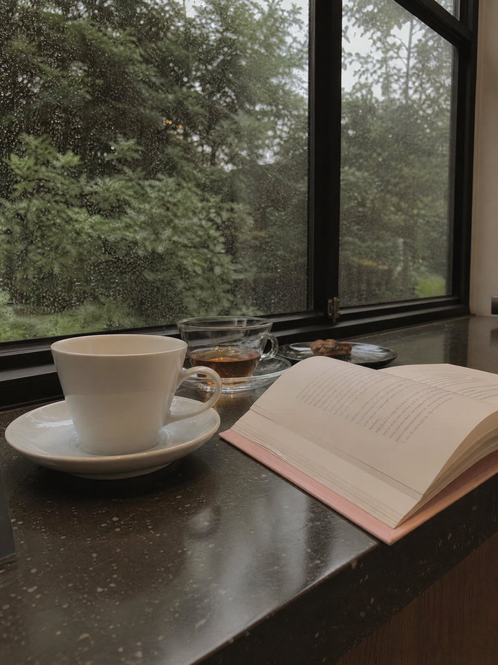 Tea and Open Book by Rainy Garden Window