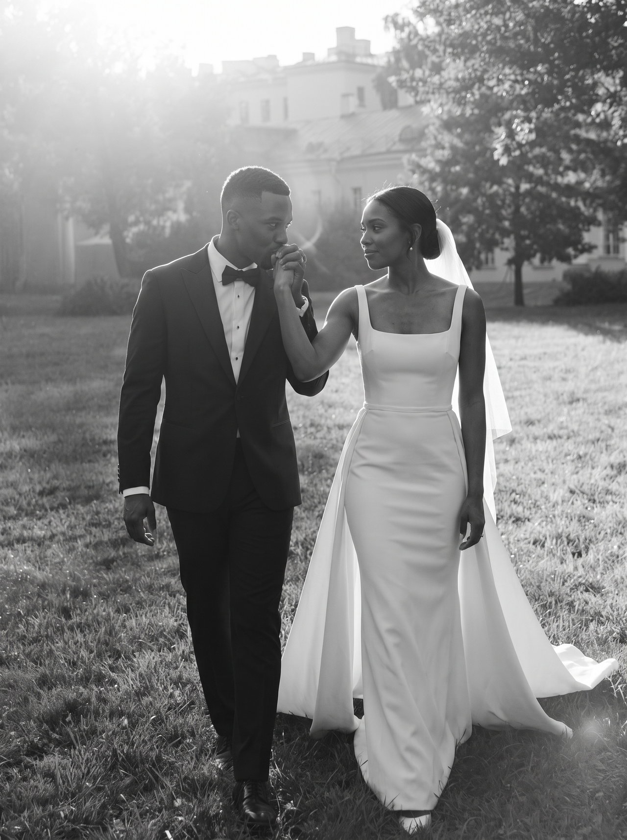Black and White Wedding Portrait of Couple on Lawn