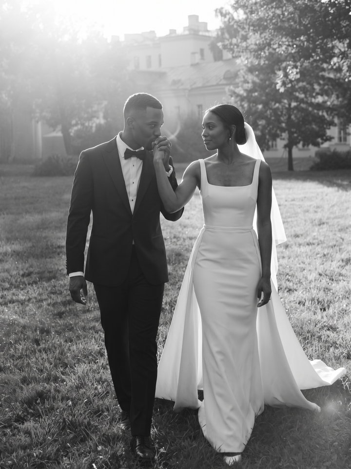 Black and White Wedding Portrait of Couple on Lawn