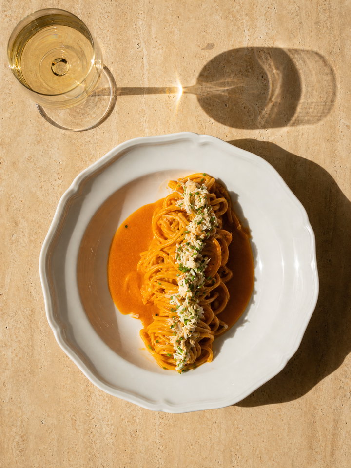 Spaghetti in Tomato Sauce with Wine Glass