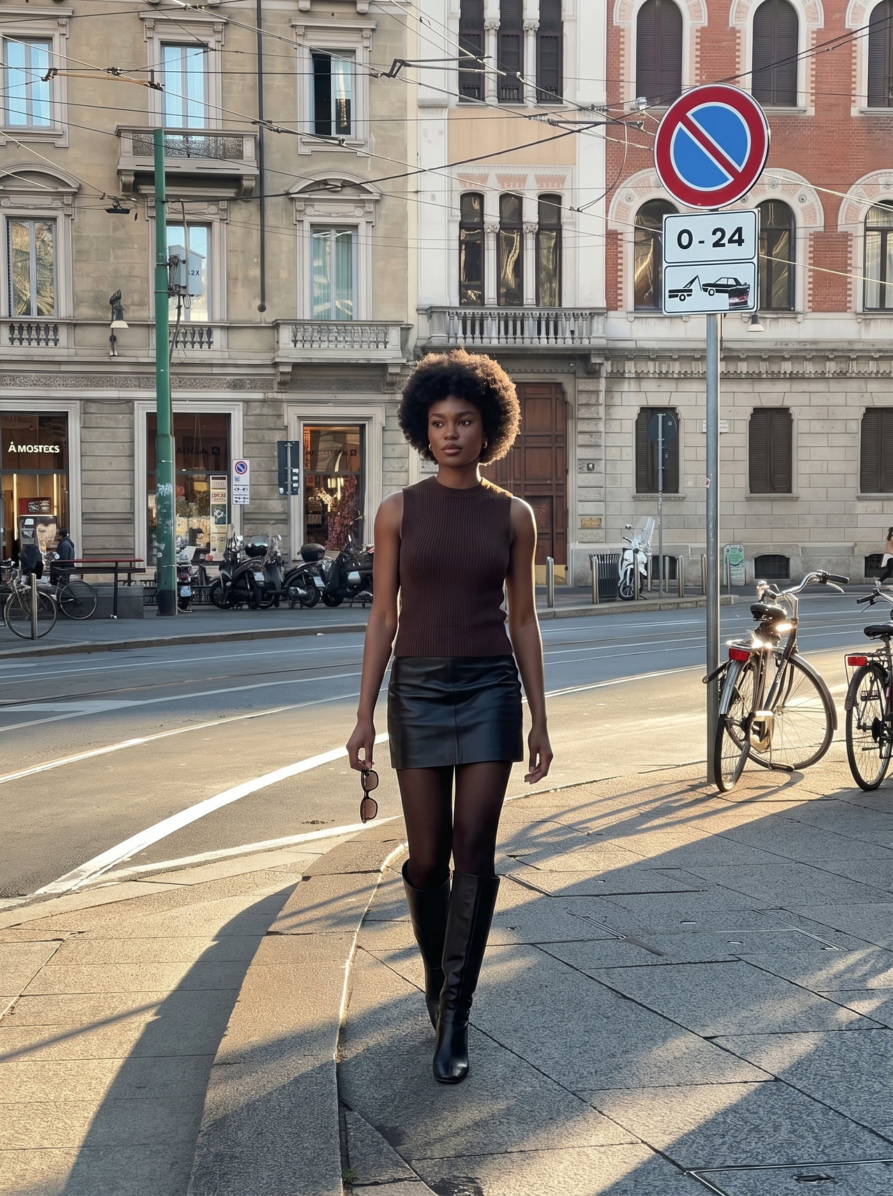 Fashion Model in Short Leather Skirt on Milan Street