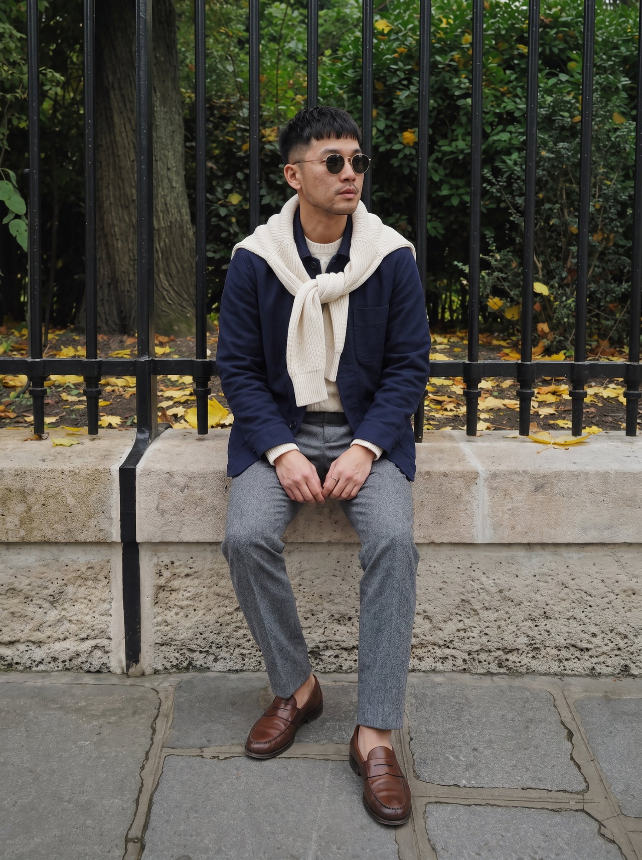 Man in Navy Chore Jacket with Cream Sweater