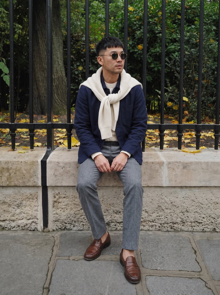 Man in Navy Chore Jacket with Cream Sweater