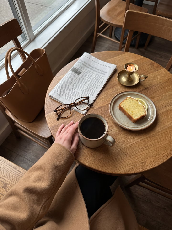 Autumn Cafe Table with Coffee and Lemon Cake